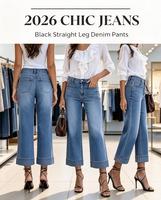 Pantalon en jean évasé court taille haute avec poches plaquées, délavé bleu pierre, idéal pour les journées décontractées