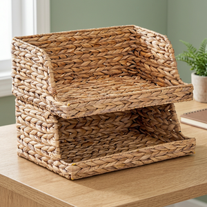 Rustic Rectangle Natural Water Hyacinth Storage <b>Baskets</b> <b>Stackable</b> Open Front Multi-Purpose Eco-Friendly Woven Organizer - Product Image 4