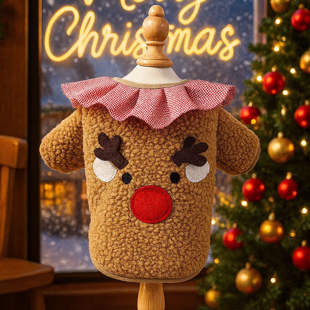 Checkered Collar Fleece Jacket - Reindeer