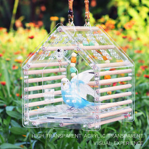 Cage de perroquet en bambou suspendue en acrylique personnalisée avec bol de nourriture nid d'oiseau - Product Image 4
