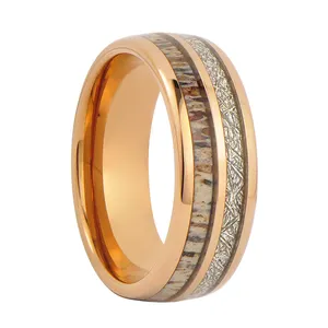 8mm Tungsten Rings for Men Women Engagement Wedding Bands Genuine Deer Antler and Imitated Meteorite Inlay Comfort Fit