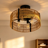 Lampe de plafond en corde de papier tissée à la main, forme de tambour circulaire, abat-jour en cage tissée, 4 ampoules, base E26/E27