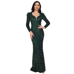 Robe de soirée fourreau à manches longues et col en V, à paillettes vert foncé, grande taille, robe de soirée formelle pour femmes - Product Image 5
