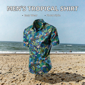 Stock Men's Summer Casual Knitted 100% Polyester Short Sleeve Vacation <b>Shirt</b> <b>Tropical</b> Floral Print Turn-Down Collar Breathable - Product Image 2