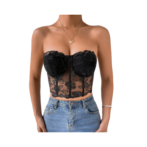 Corsé Sexy de <span class=keywords><strong>Encaje</strong></span> Floral para <span class=keywords><strong>Mujer</strong></span> Sin <span class=keywords><strong>Tirantes</strong></span> y Sin Mangas, Top Corto tipo Tubo Transpirable Estilo Y2K Streetwear Gótico - Product Image 1