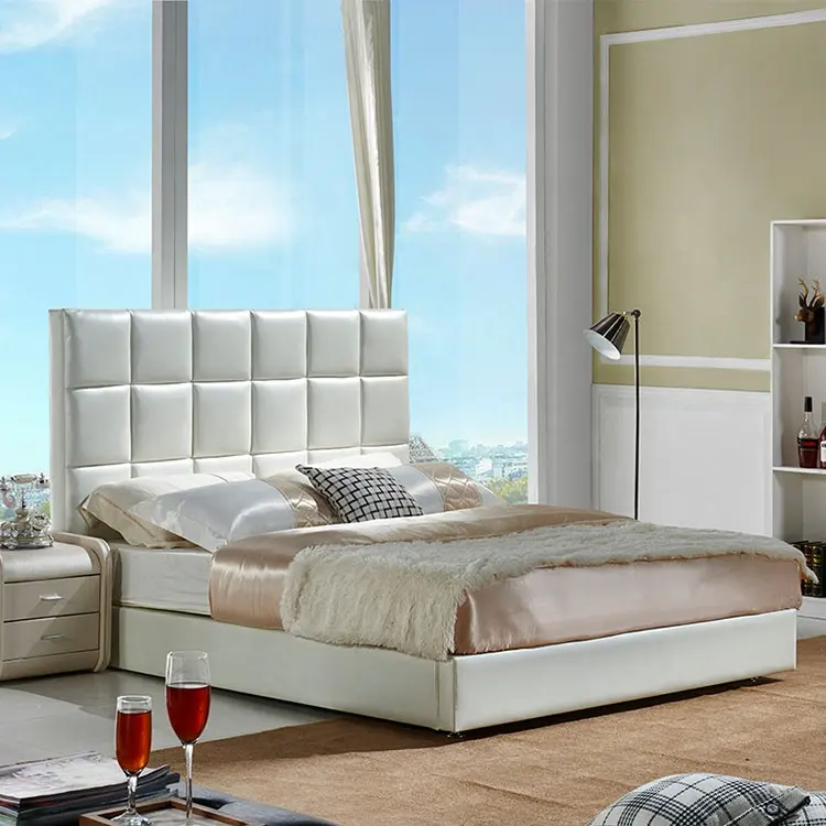 Luxury simple high bed interior bedroom basic white comfortable soft leather bed