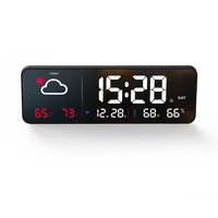 Jam dinding digital multifungsi dengan stasiun cuaca, alarm, timer, termometer elektronik sederhana, dan desain modern.