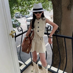 Nuovo Set di <span class=keywords><strong>abbigliamento</strong></span> da ragazza senza maniche gilet Top + gonna tinta unita completo da bambina - Product Image 1