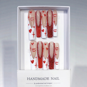 <span class=keywords><strong>Uñas</strong></span> Postizas de Alta Calidad con Diseño de Corazón Rojo, Hechas a Mano, Cobertura Completa, Forma Cuadrada, <span class=keywords><strong>Uñas</strong></span> Postizas Largas Tipo Ataúd - Product Image 5