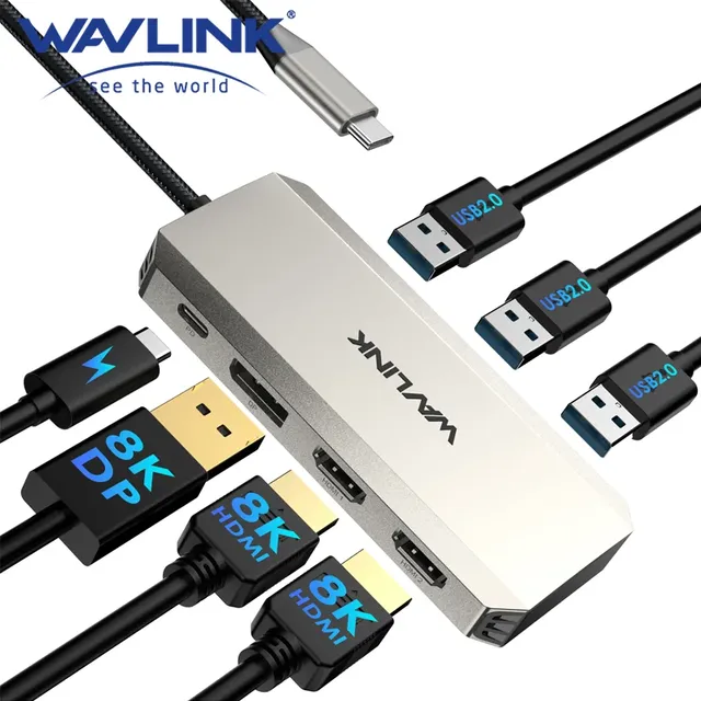 WAVLINK 7 in 1 Laptop Type C Docking Station USB C to Dual Displayport 8K60hz Triple Display USB Hub for Mac Book Dell XPS