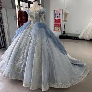 Robe de mariée modeste à manches longues avec appliques de perles et de diamants, design moderne, bleu poussière, robes de bal Xs001 pour - Product Image 4