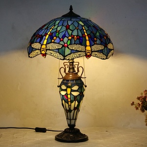 LongHuiJing 16Inch Yellow Dragonfly Stained Glass Lampshade Desk Light Tiffany Style <b>Table</b> <b>Lamp</b> With Lighted <b>Base</b> - Product Image 2