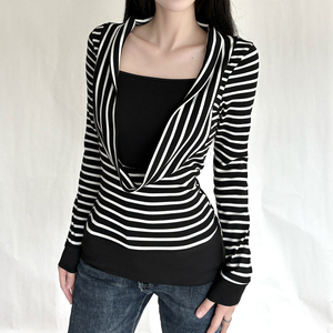Camiseta de manga larga de punto con estampado de rayas vintage para mujer, ecológica, con cuello tipo capucha fruncido y efecto de dos piezas, top base para superposición - Product Image 5