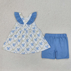 Conjunto de Verano Casual Ecológico para Bebé Niña: Pelele Azul con Estampado de Lazo y Pantalones Cortos con Volantes, Manga Corta, Ropa a Juego para Hermanas - Product Image 3