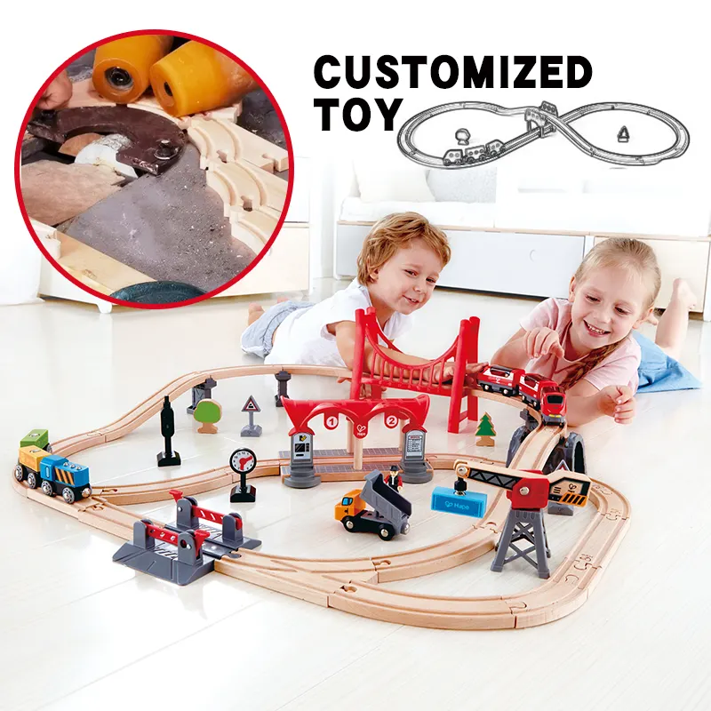 Mainan kayu kereta api Deluxe Set kereta api anak tangga melacak mobil mainan Slot kendaraan untuk anak-anak