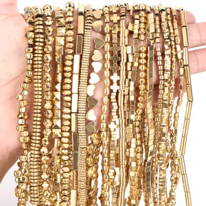 AAA + Warna Retensi Emas Disepuh Batu Hematit Alami Tidak Teratur Bintang Jantung Kubus Spacer Beads untuk Membuat Perhiasan Diy Gelang