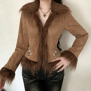 Women's <b>Winter</b> Woven Suede Jacket Eco-Friendly Breathable Vintage Floral Embroidery Color Block Faux Fur Patchwork Warm Casual - Product Image 2