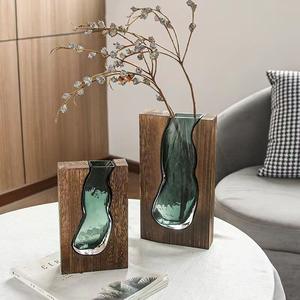 Nouveau vase en verre de style chinois en bois massif, associé à du verre vert en forme de larme pour une <span class=keywords><strong>décoration</strong></span> intérieure élégante - Product Image 1