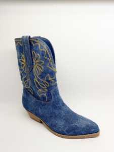 <span class=keywords><strong>Bottes</strong></span> de cow-boy mi-mollet de style classique d'automne avec broderie fine talon carré à enfiler Denim fermeture à bouton à bout pointu supérieur - Product Image 2