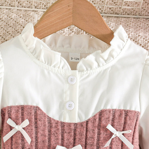 ชุดเสื้อผ้าเด็กผู้หญิง 2 ชิ้น ผ้าโพลีเอสเตอร์ผสมสแปนเด็กซ์ ระบายอากาศได้ดี สไตล์ลำลองสำหรับฤดูใบไม้ร่วง  เสื้อแขนยาวผูกโบว์สวยงาม ดีไซน์เรียบง่าย - Product Image 3