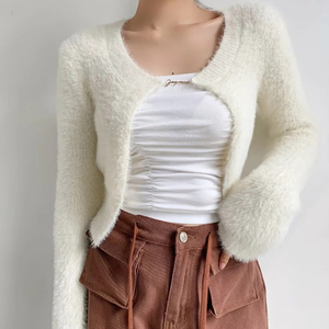 Cárdigan Corto Informal de <span class=keywords><strong>Pelo</strong></span> Sintético de Visón para Mujer, Estilo Coreano, <span class=keywords><strong>Cuello</strong></span> Redondo, Invierno, Nailon - Product Image 3