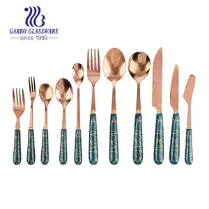 Conjunto de cubertería de boda, juego de cubiertos de acero inoxidable chapado en oro rosa y cobre dorado, tenedor, cuchara, cuchillo con mango de cerámica