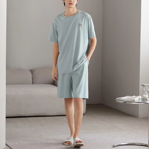 <span class=keywords><strong>Pigiama</strong></span> <span class=keywords><strong>estivo</strong></span> da <span class=keywords><strong>uomo</strong></span> morbido, set corto, leggero e traspirante, girocollo, vita elastica, abbigliamento per la casa, set in due pezzi per le vacanze a casa - Product Image 4