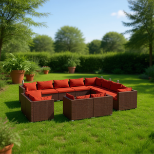 Ensemble de salon de jardin rouge cannelle en rotin brun, mobilier d'extérieur 10 places, design contemporain, résistant aux intempéries - Product Image 2