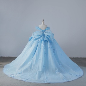 ชุดเดรสงาน Quinceanera สีฟ้าซาตินลูกไม้สไตล์โคลอมเบีย ทรงบอลกาวน์ ยาวลากพื้น พร้อมชายกระโปรงแบบ Chapel Train ช่วงเอวทรงธรรมชาติ ลายพิมพ์ สำหรับวัยรุ่น XV Dons - Product Image 4