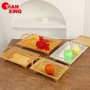 Wedding Party Decoration Rectangular Cookie Dessert Table Display Set Golden Carving Snack Food Serving Trays Metal Fruit Tray