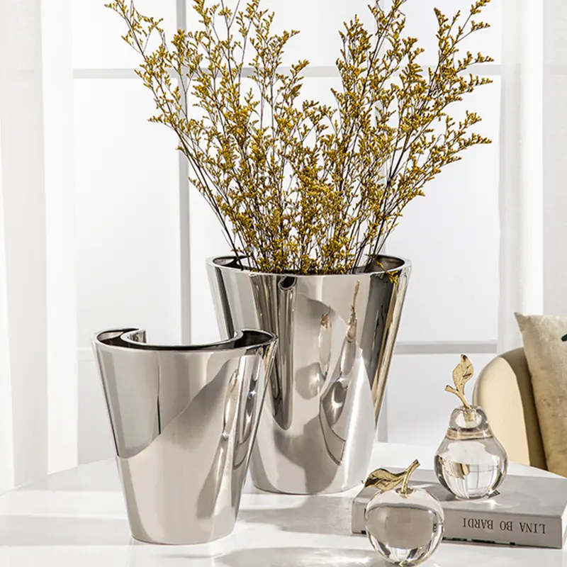 Personalizado luz luxo espelhado prata flor vaso Presente de casamento 304 aço inoxidável metal vaso ornamento hotel decoração