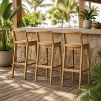 Chaise haute moderne minimaliste en bois massif avec dossier en rotin courbé, personnalisable en usine, pour bar, restaurant, comptoir, mariage, club, bar à domicile, hôtel