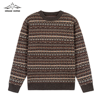Pull en laine tricoté pour homme à col rond et manches longues, motif Fair Isle, jacquard, marron, logo personnalisé en gros, OEM et ODM, AiNear