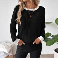 Pull décontracté à manches longues en tricot côtelé contrastant noir et blanc pour femme – Vente en gros usine