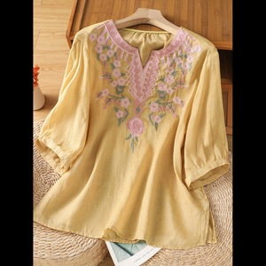 Women's <b>Linen</b> Blouse Embroidered Floral Loose Fit Summer <b>Top</b> Breathable Vintage Style Casual Wear - Product Image 1