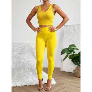 Tuta sportiva da donna estiva a due pezzi gilet tinta unita + pantaloni pantaloncini da Fitness Casual top a lunghezza corta - Product Image 6