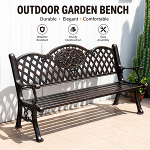 Banc d'extérieur vintage en aluminium moulé avec dossier en treillis pour patio, balcon, parc et loisirs - Product Image 1