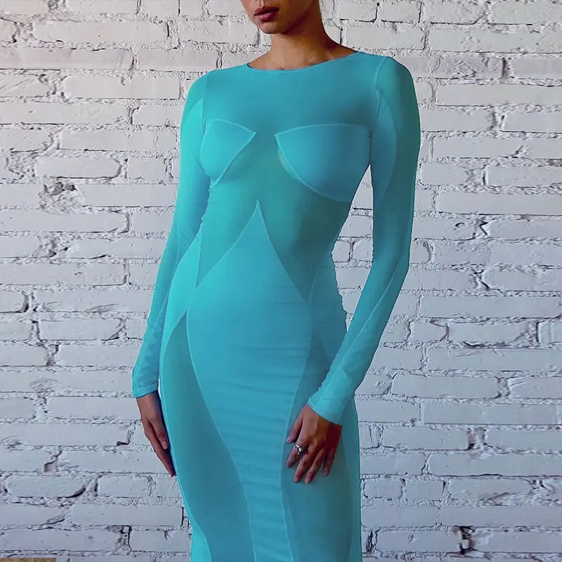 New Fashion 2023 Female Clothes Women Sexy See Through Mesh Slim Fitting Long Sleeve Dress