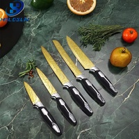 Ensemble de couteaux de chef haut de gamme en acier inoxydable plaqué titane doré, 6 pièces, avec manche ergonomique en caoutchouc et plastique et bloc de rangement