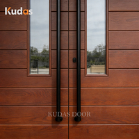 Porte d'entrée principale extérieure moderne en bois massif, porte double avec panneaux en verre pour villa