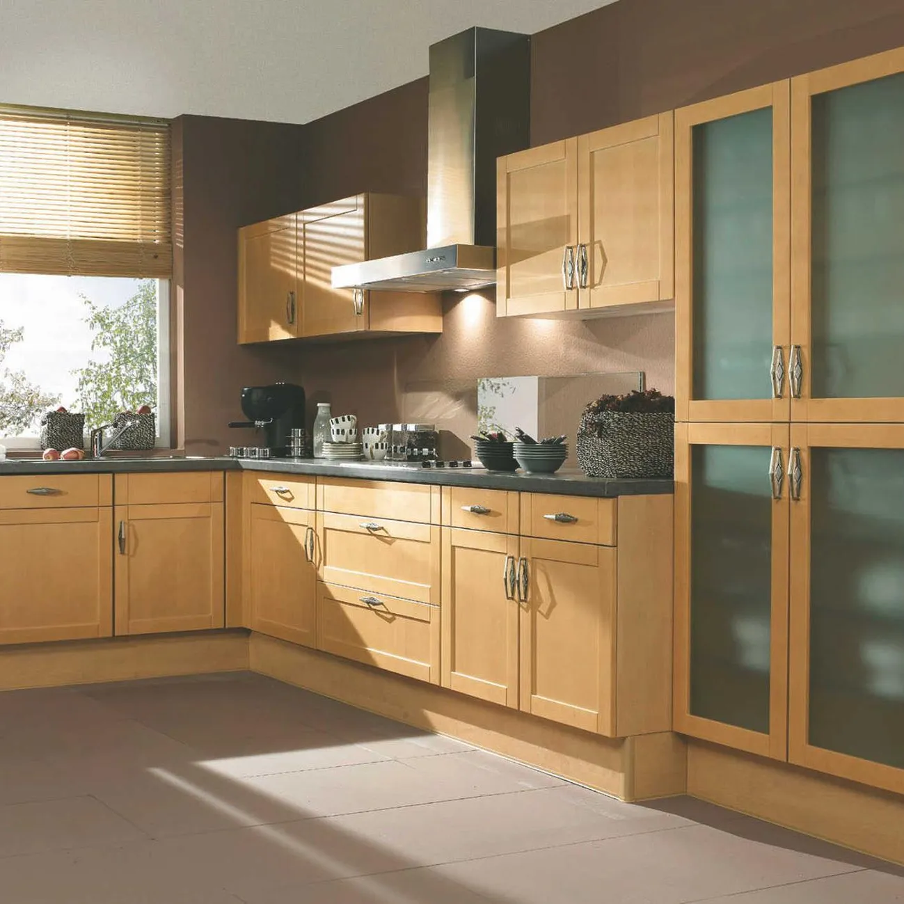 American maple wood shaker door glass door pantry cabinet display kitchen cabinets for sale