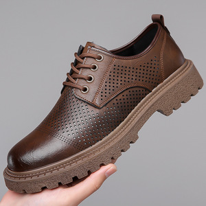 Chaussures d'été pour hommes en cuir de vachette marron, ajourées, à lacets, basses, décontractées, pour le travail, origine Wenzhou - Product Image 1
