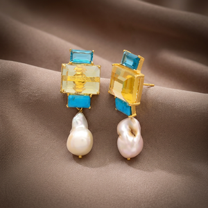 Pendientes Colgantes Hechos a Mano en Plata de Ley con Perla Barroca, Turquesa y Piedras de Limón - Moda Boho de Tendencia - Product Image 2