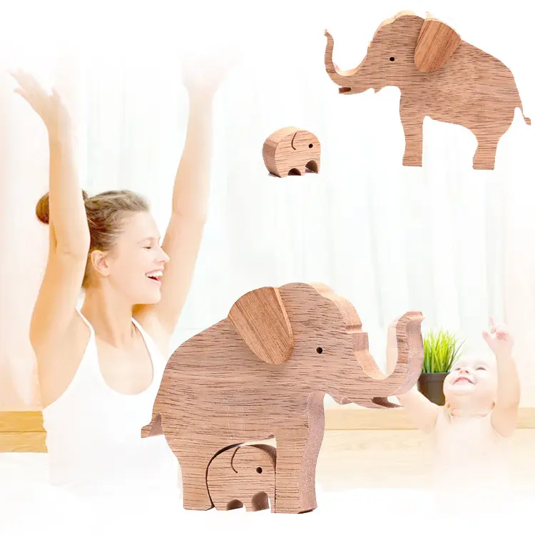 Regalos calientes del Día DE LA MADRE Elefante hecho a mano Madre e hijo Artesanías de madera tallada para decoración de mesa o letreros de pared-Venta al por mayor