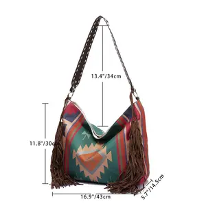 Bolsa boêmia feminina com estampa geométrica, mais nova bolsa de lona em ombro, estampada, bordada, aztec, bolsa de mão