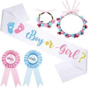 Set per Festa di Rivelazione del Sesso del Bambino, Fascia con Impronta Piede Bambino o Bambina, Corona di Fiori Rosa Blu, Distintivo a Nastro per Futura Mamma e Papà, Accessorio per Rivelazione del Sesso - Product Image 5