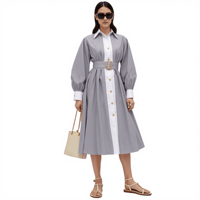 Robe chemise midi élégante pour femme, en coton teint en fil, à rayures, manches longues, ceinturée, avec col contrastant