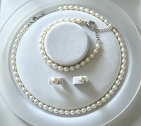 Ensemble de bijoux de luxe en perles, collier, bracelet, boucles d'oreilles, perles de riz d'eau douce 7-8 mm, argent 925, élégant, glamour, pour femmes, vente en gros, sur mesure