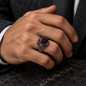 Anello da Uomo Ottomano Turco Vintage Personalizzato OEM, Anello Gotico con Sigillo in Acciaio Inossidabile Bicolore Anticato e Rubino Rosso, Vendita all'Ingrosso - Product Image 4