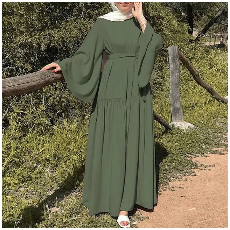 F205# Elegant Solid Color Crew Neck Long Muslim Modest Dresses with Full Sleeves For Girls